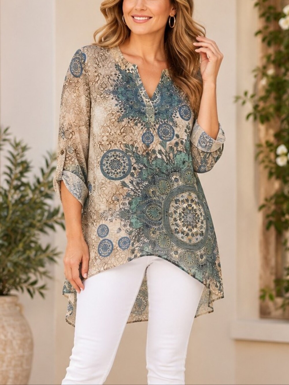 Chicos Asymmetrical Hem Roll-Tab Sleeve Top – Size 1  Medium (US 8–10)